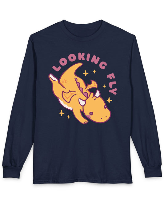 Looking Fly shirt in navy featuring a cute orange dragon flying with sparkles around it