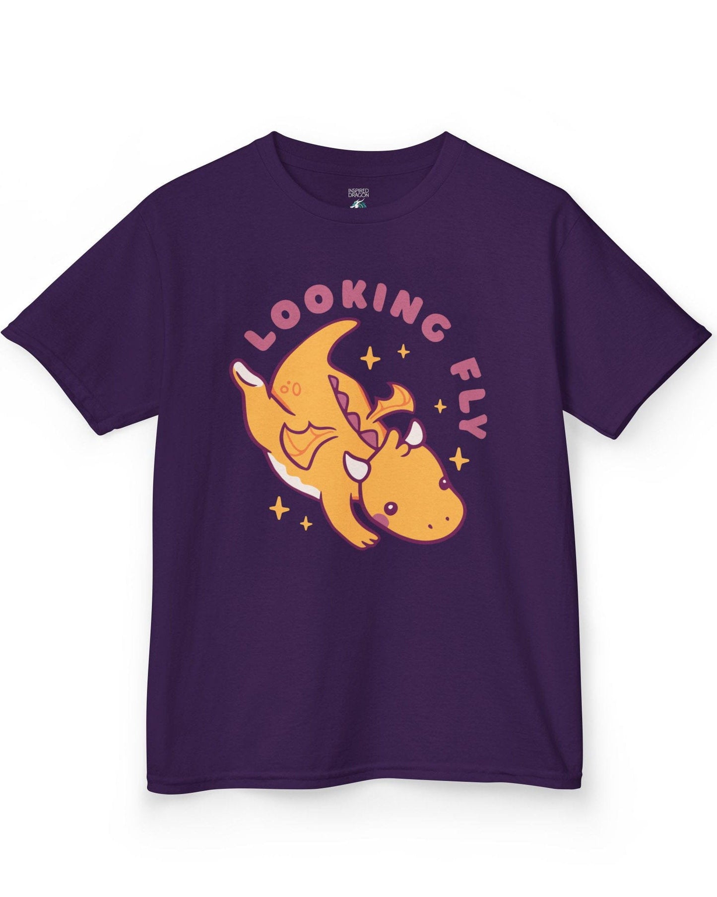 Looking Fly shirt in purple, featuring a cute orange dragon flying with sparkles around it.