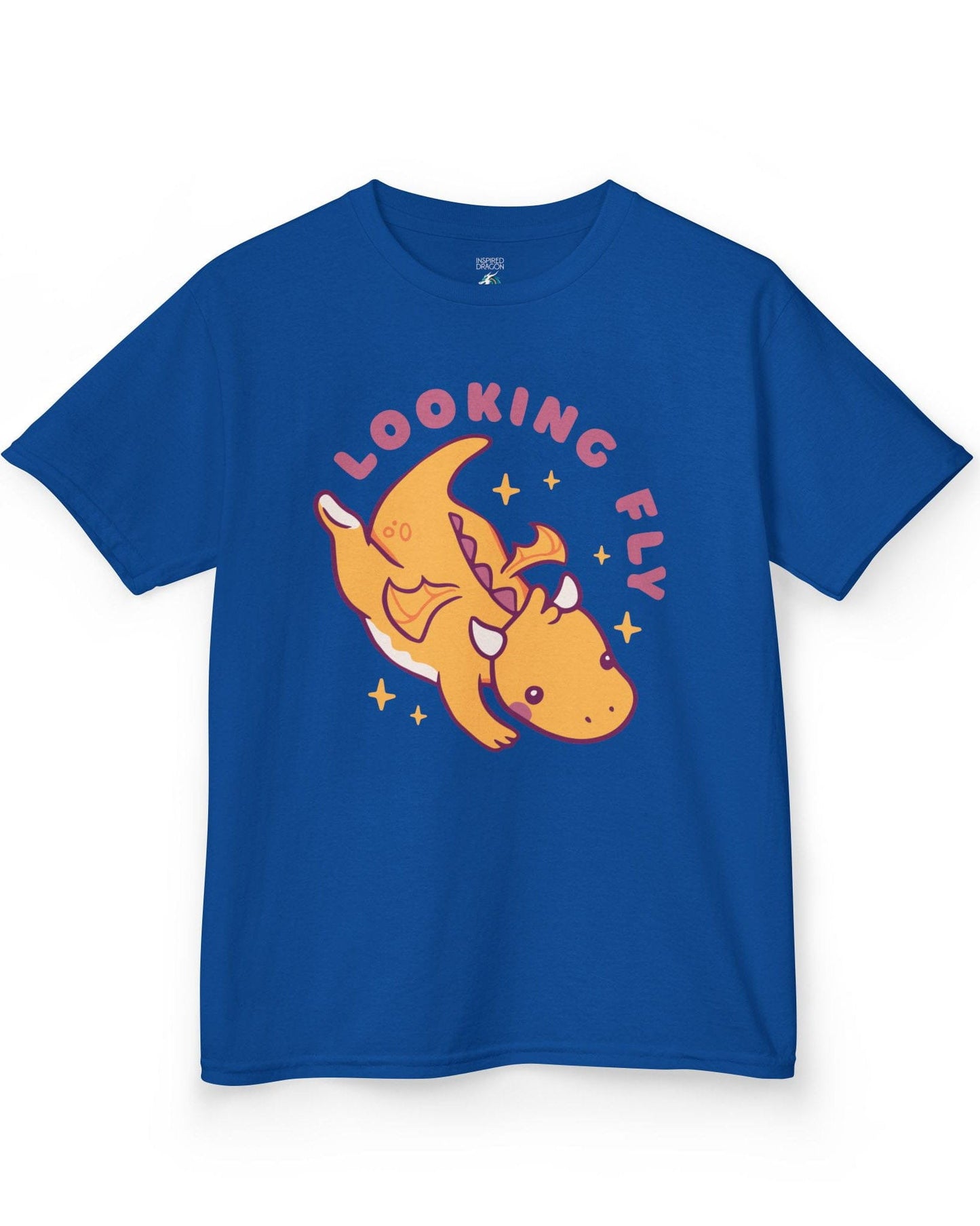 Looking Fly shirt in royal blue, featuring a cute orange dragon flying with sparkles around it.