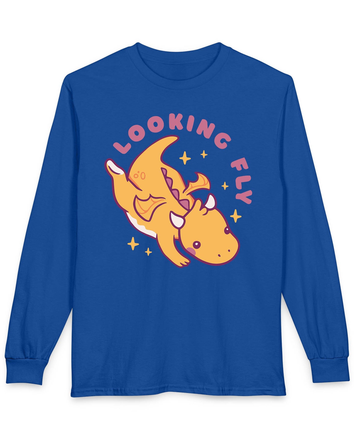 Looking Fly shirt in royal blue featuring a cute orange dragon flying with sparkles around it