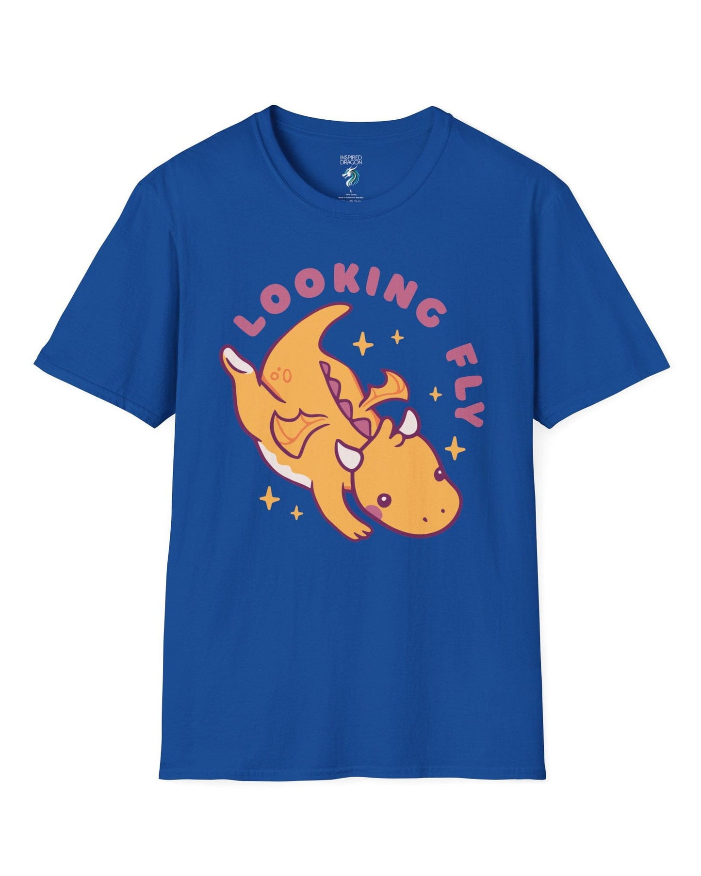 Looking Fly shirt in royal blue, featuring a cute orange dragon flying with sparkles around it.
