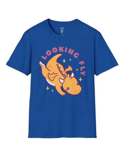 Looking Fly shirt in royal blue, featuring a cute orange dragon flying with sparkles around it.