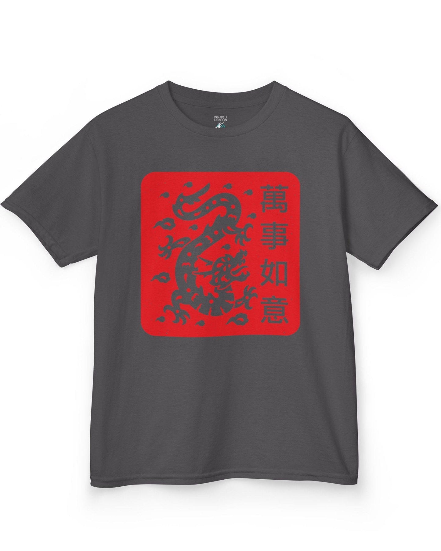 Blessings of the Dragon shirt in charcoal, featuring a dragon design on a red square with Chinese characters.
