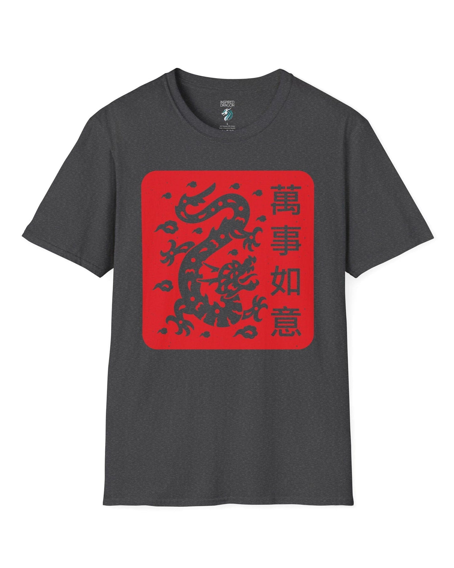 Blessings of the Dragon shirt in dark heather grey, featuring a dragon design on a red square with Chinese characters.