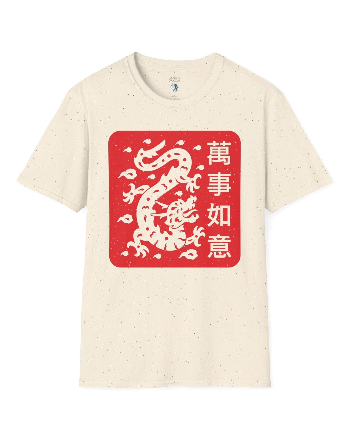 Blessings of the Dragon shirt in natural, featuring a dragon design on a red square with Chinese characters.
