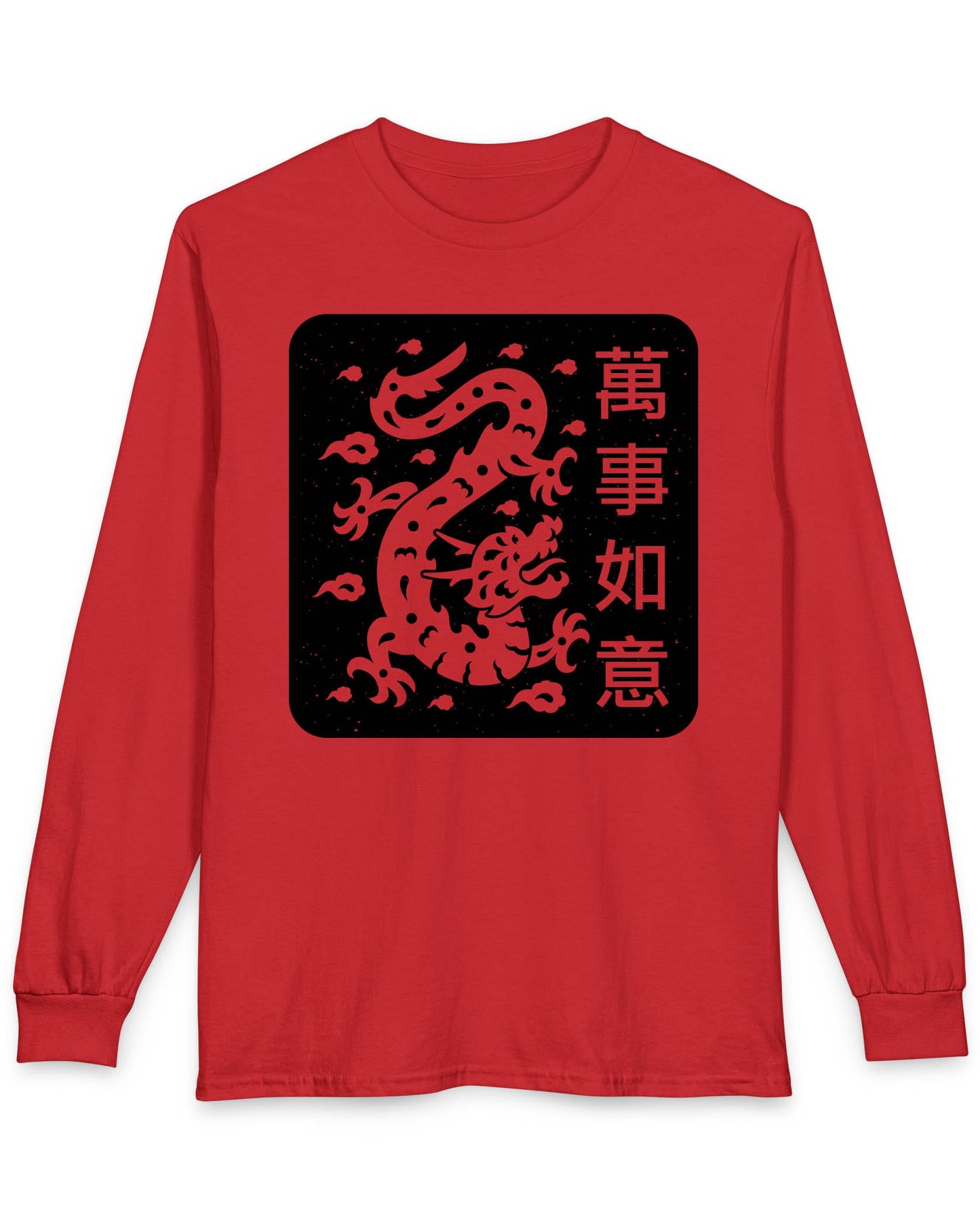 Blessings of the Dragon shirt in red featuring a dragon design on a black square with Chinese characters