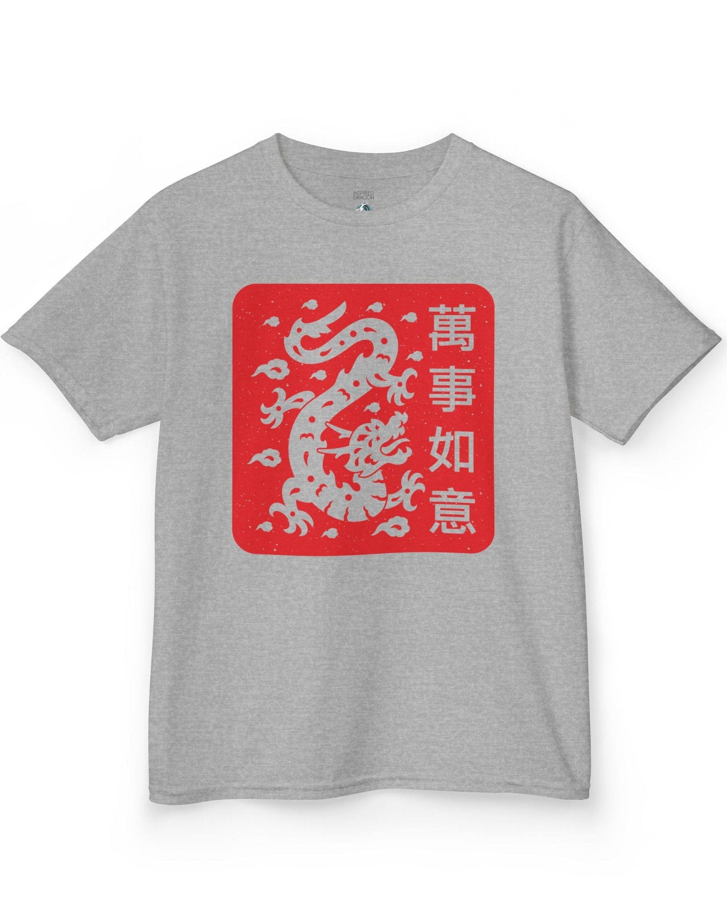 Blessings of the Dragon shirt in sport grey, featuring a dragon design on a red square with Chinese characters.