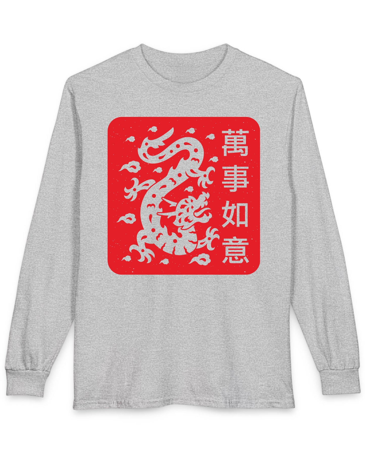 Blessings of the Dragon shirt in sport grey featuring a dragon design on a red square with Chinese characters