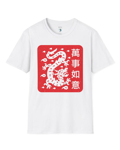 Blessings of the Dragon shirt in white, featuring a dragon design on a red square with Chinese characters.