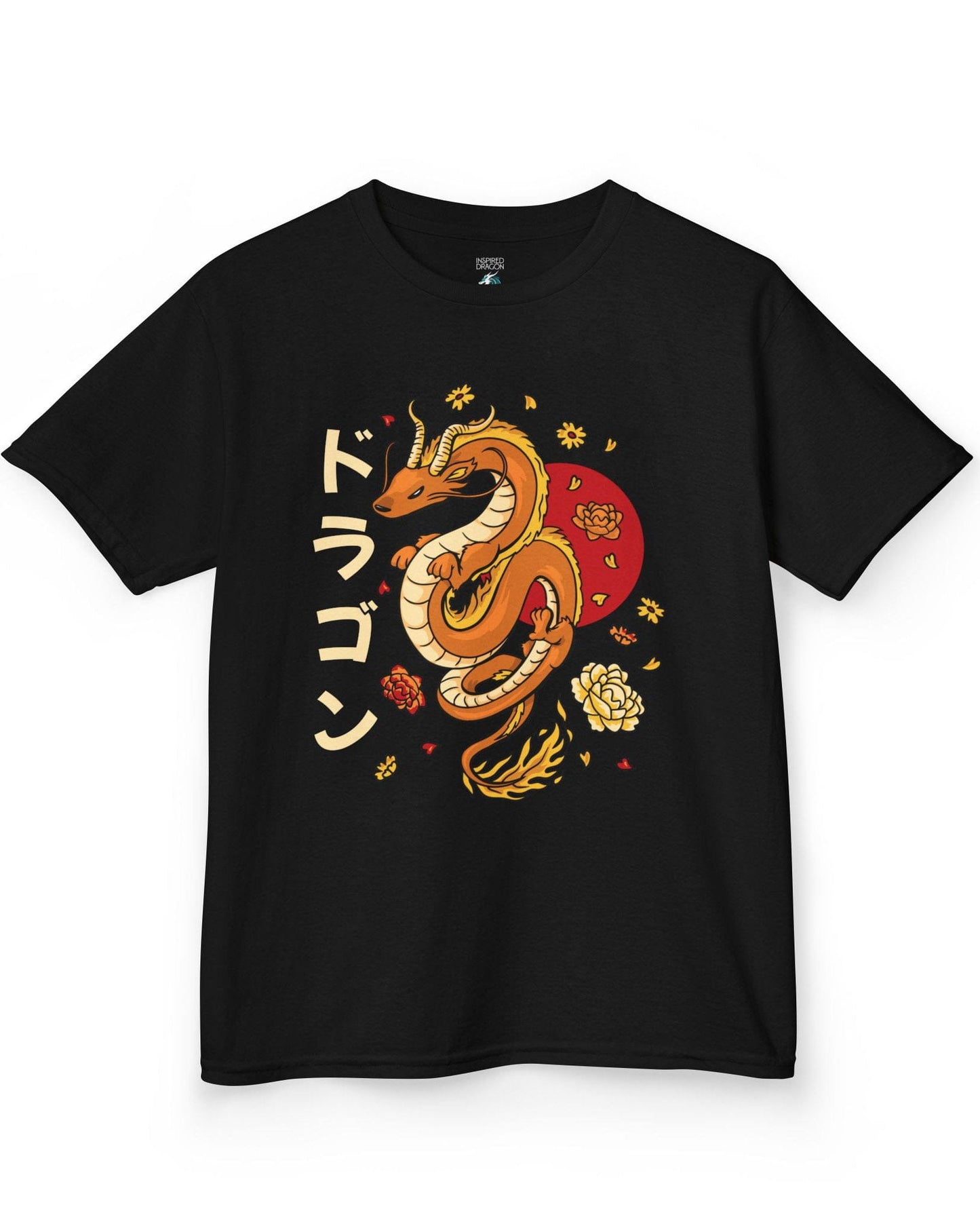 Petals Rising shirt in black featuring an orange Eastern dragon surrounded by falling flowers and katakana text.