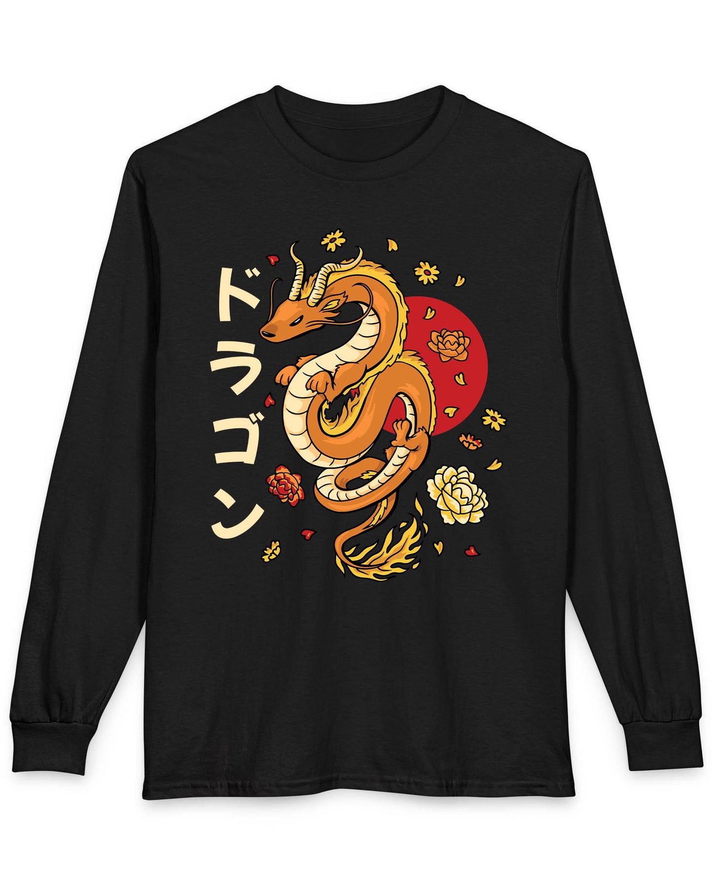 Petals Rising shirt in black featuring an orange Eastern dragon surrounded by falling flowers and katakana text