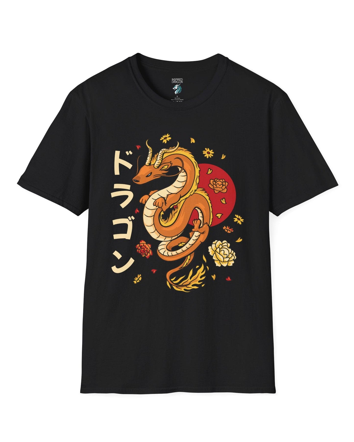 Petals Rising shirt in black featuring an orange Eastern dragon surrounded by falling flowers and katakana text.