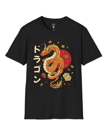 Petals Rising shirt in black featuring an orange Eastern dragon surrounded by falling flowers and katakana text.