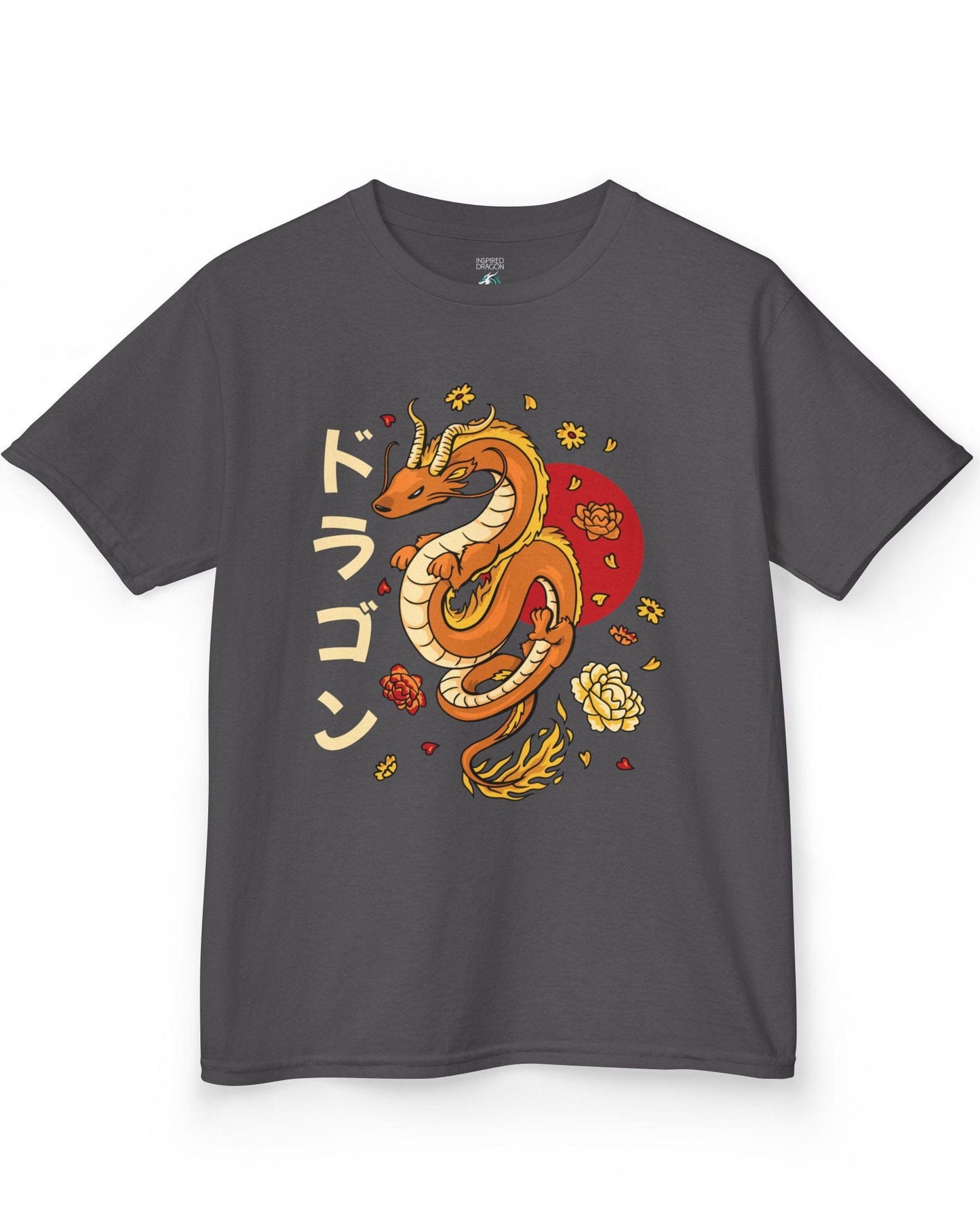 Petals Rising shirt in charcoal featuring an orange Eastern dragon surrounded by falling flowers and katakana text.