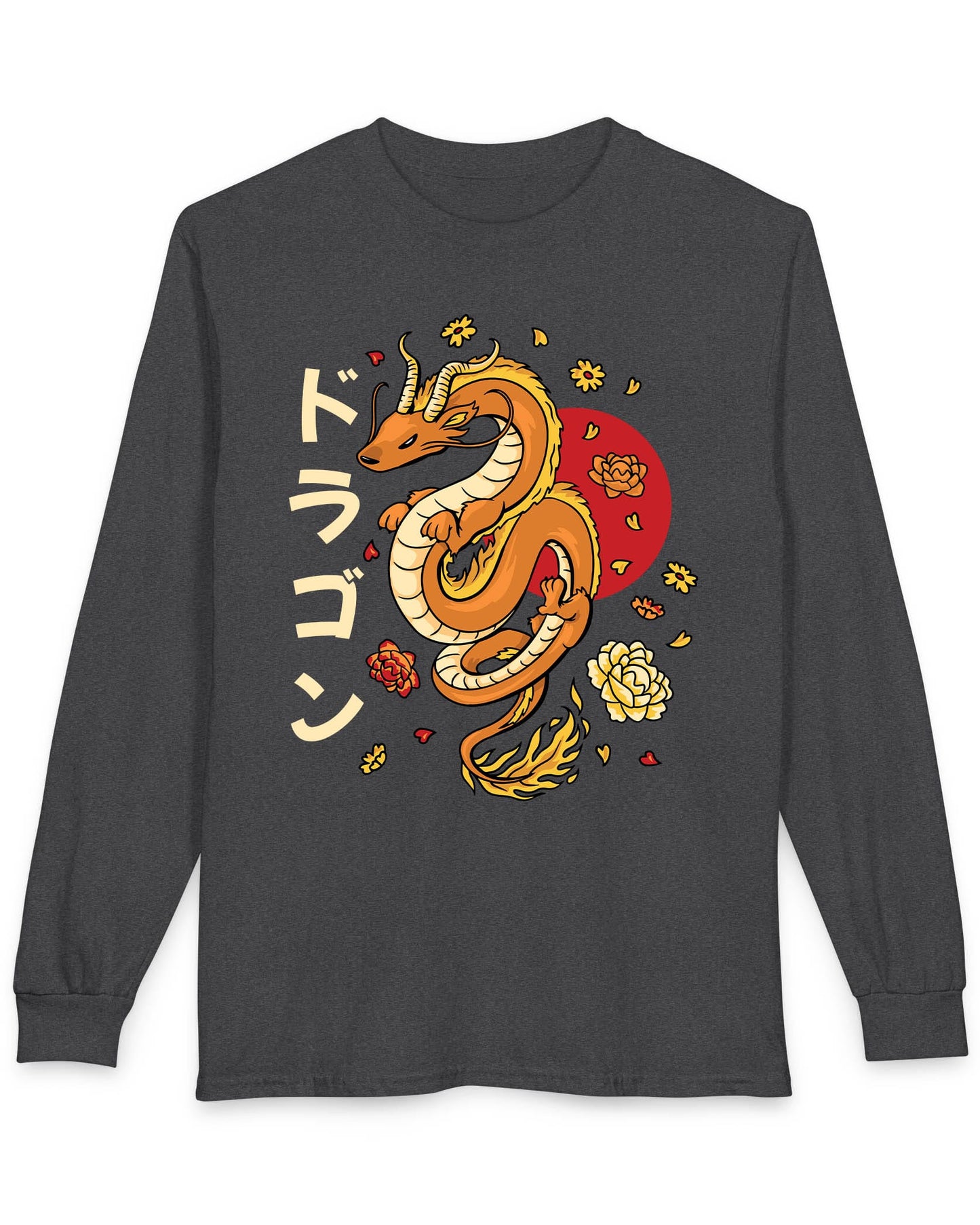 Petals Rising shirt in dark heather featuring an orange Eastern dragon surrounded by falling flowers and katakana text
