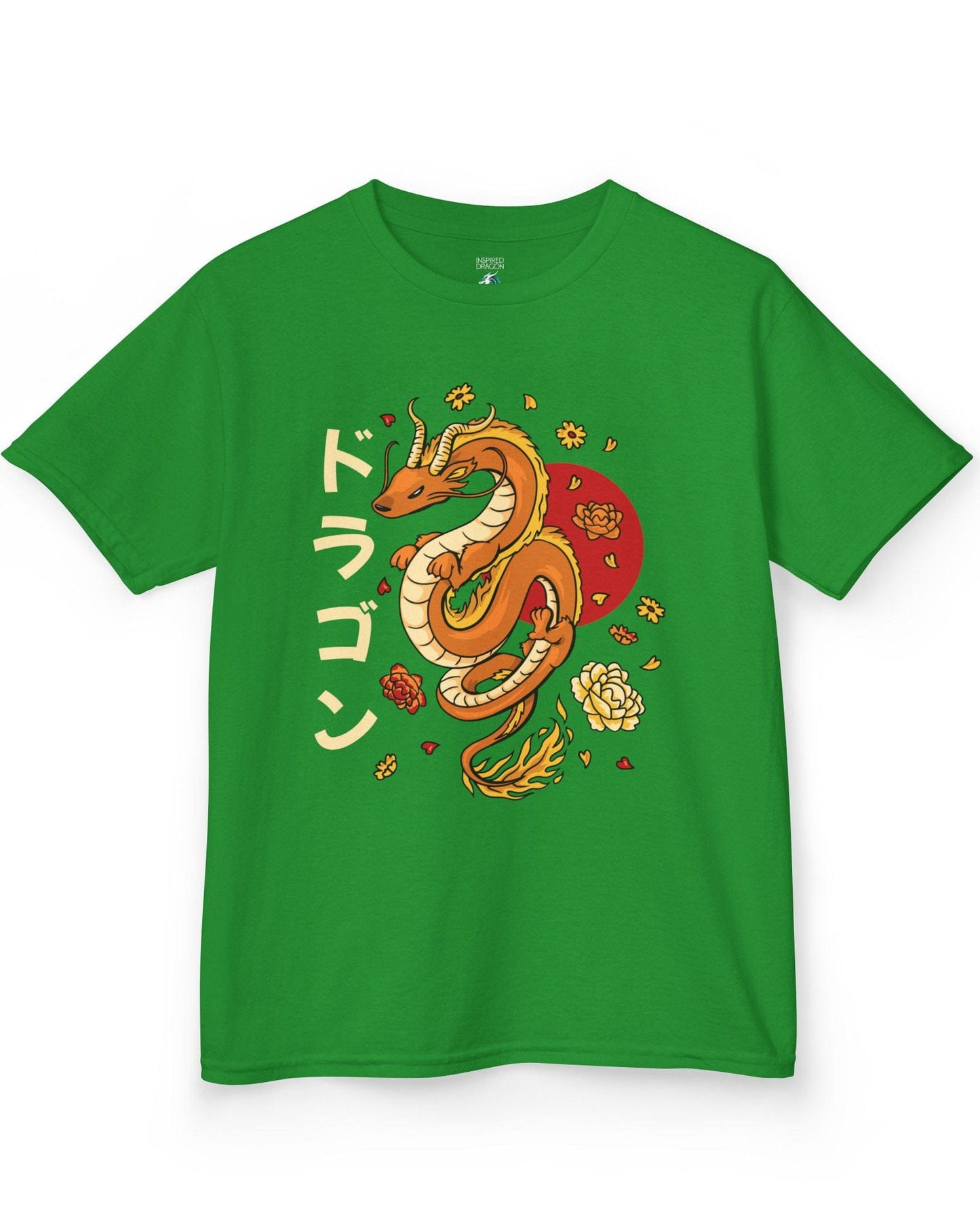 Petals Rising shirt in Irish green featuring an orange Eastern dragon surrounded by falling flowers and katakana text.