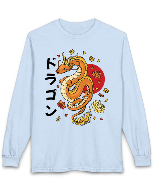 Petals Rising shirt in light blue featuring an orange Eastern dragon surrounded by falling flowers and katakana text