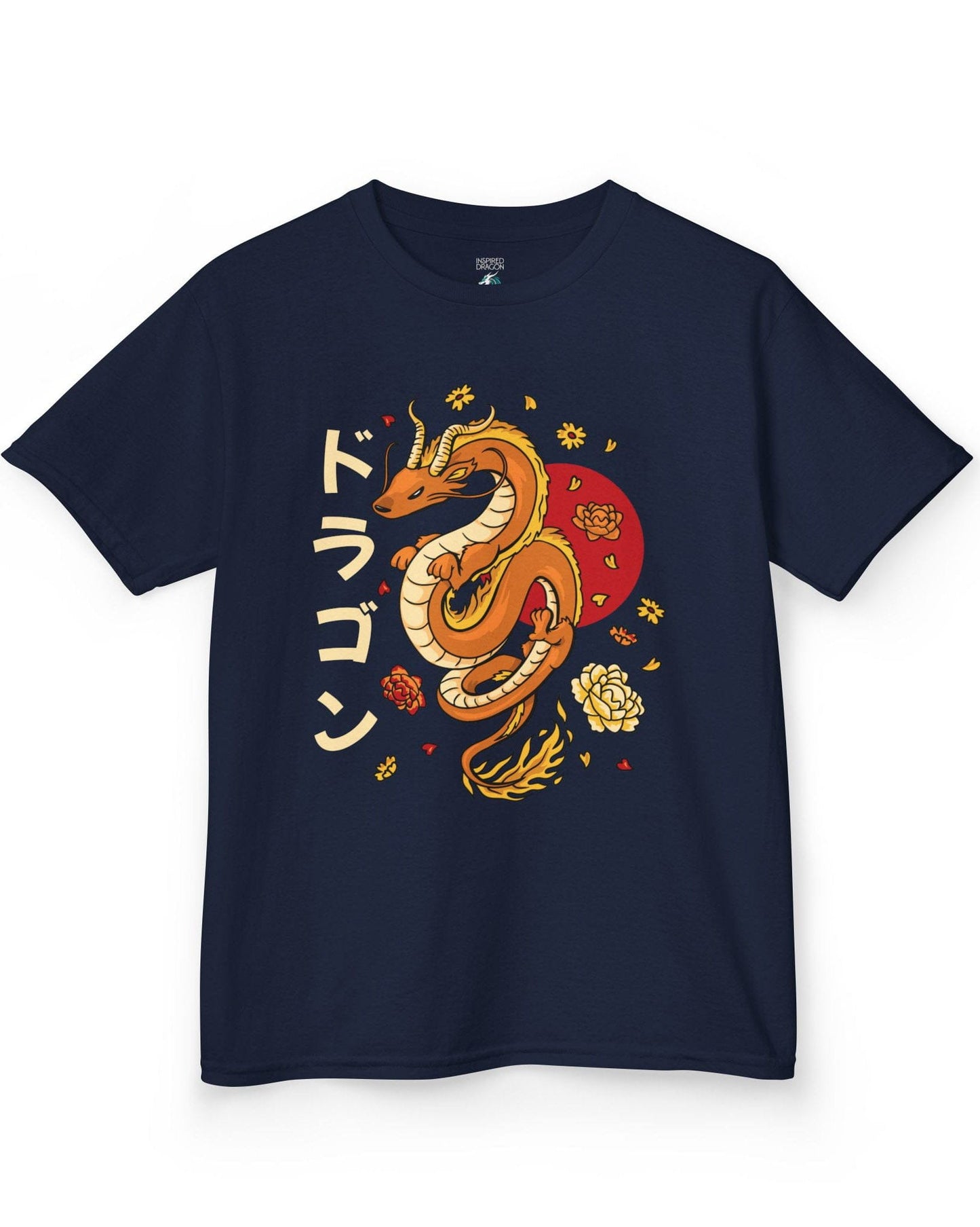 Petals Rising shirt in navy featuring an orange Eastern dragon surrounded by falling flowers and katakana text.