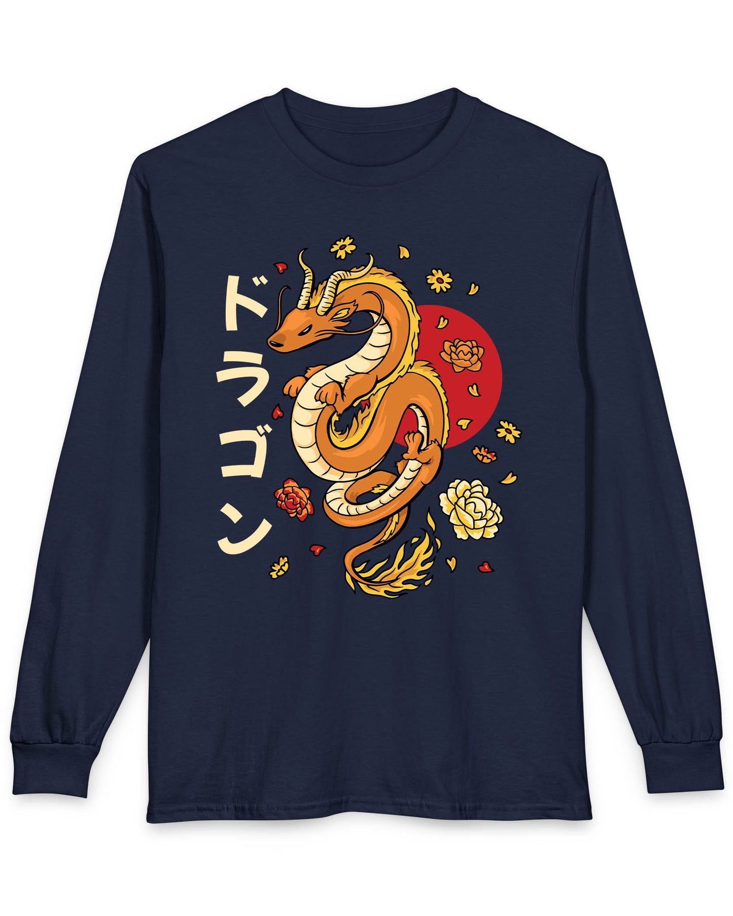 Petals Rising shirt in navy featuring an orange Eastern dragon surrounded by falling flowers and katakana text