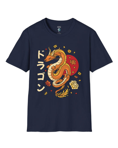 Petals Rising shirt in navy featuring an orange Eastern dragon surrounded by falling flowers and katakana text.