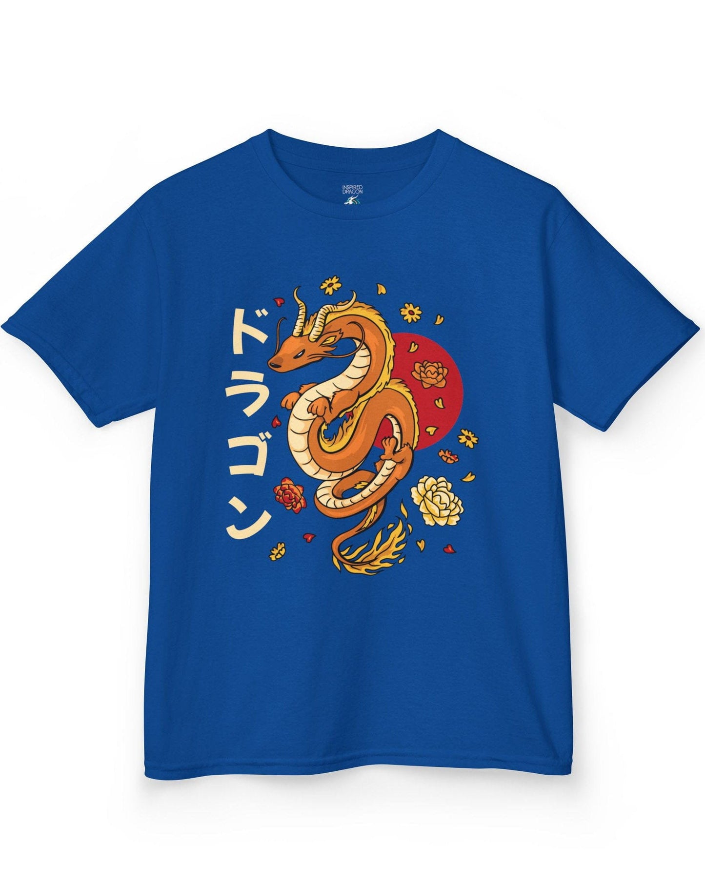 Petals Rising shirt in royal blue featuring an orange Eastern dragon surrounded by falling flowers and katakana text.