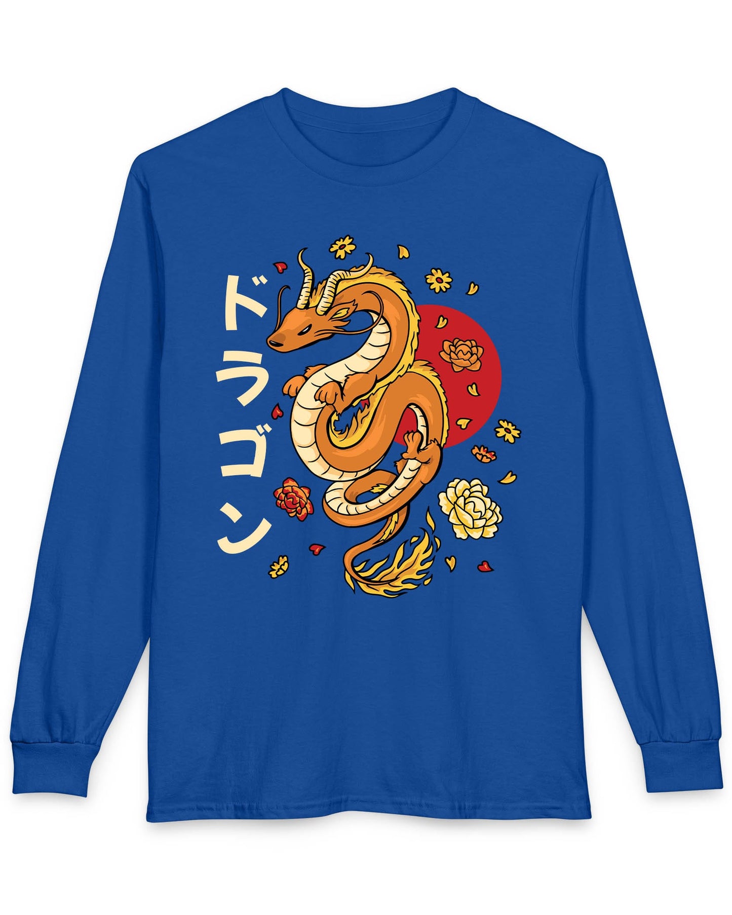 Petals Rising shirt in royal blue featuring an orange Eastern dragon surrounded by falling flowers and katakana text