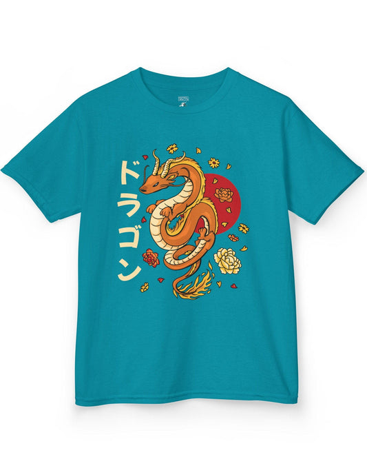Petals Rising shirt in tropical blue featuring an orange Eastern dragon surrounded by falling flowers and katakana text.