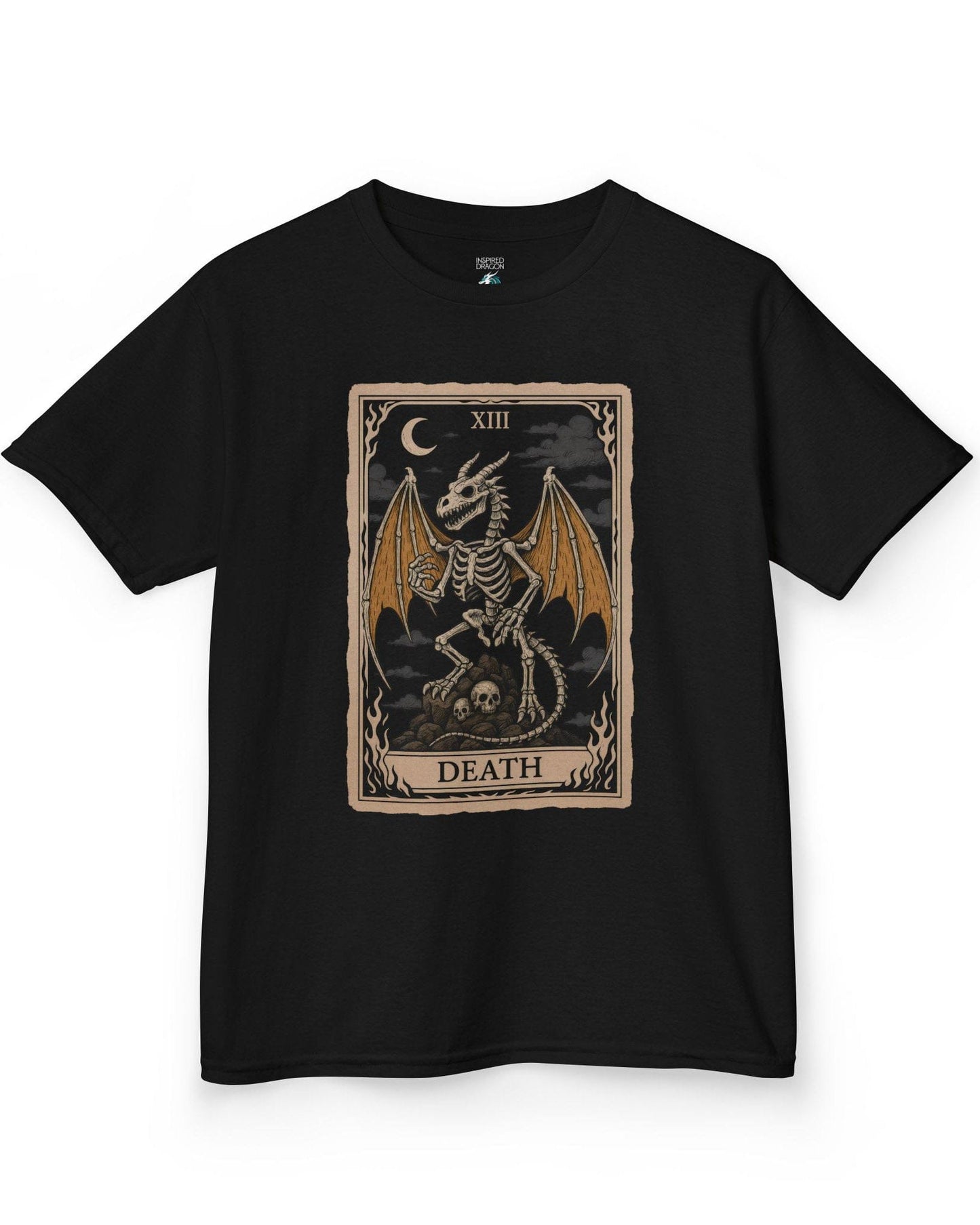 Death Dragon Tarot Card shirt in black featuring a skeletal dragon perched on skulls in a tarot-style frame.