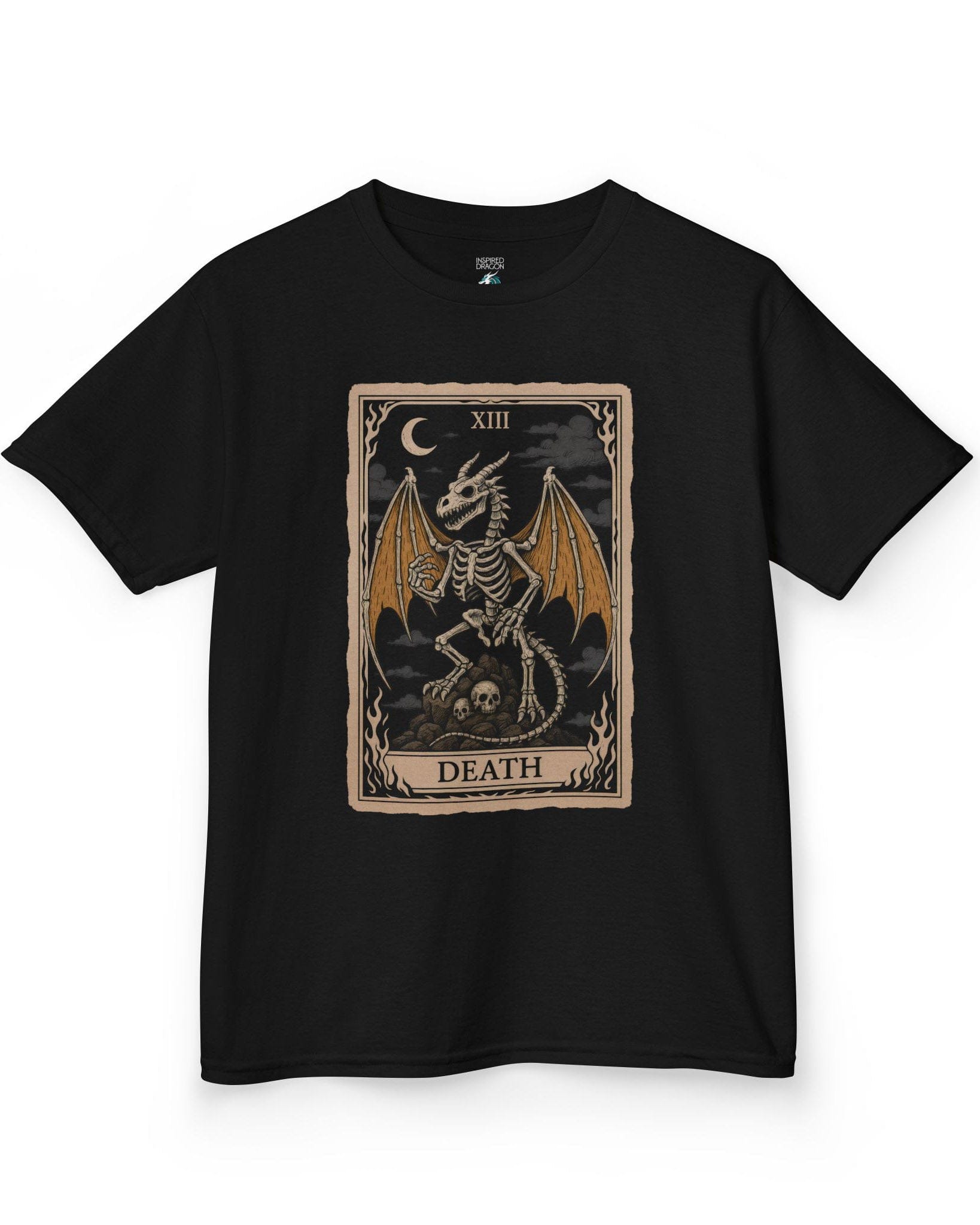 Death Dragon Tarot Card shirt in black featuring a skeletal dragon perched on skulls in a tarot-style frame.