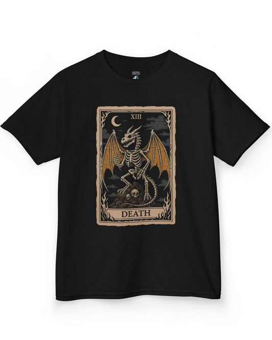 Death Dragon Tarot Card shirt in black featuring a skeletal dragon perched on skulls in a tarot-style frame.