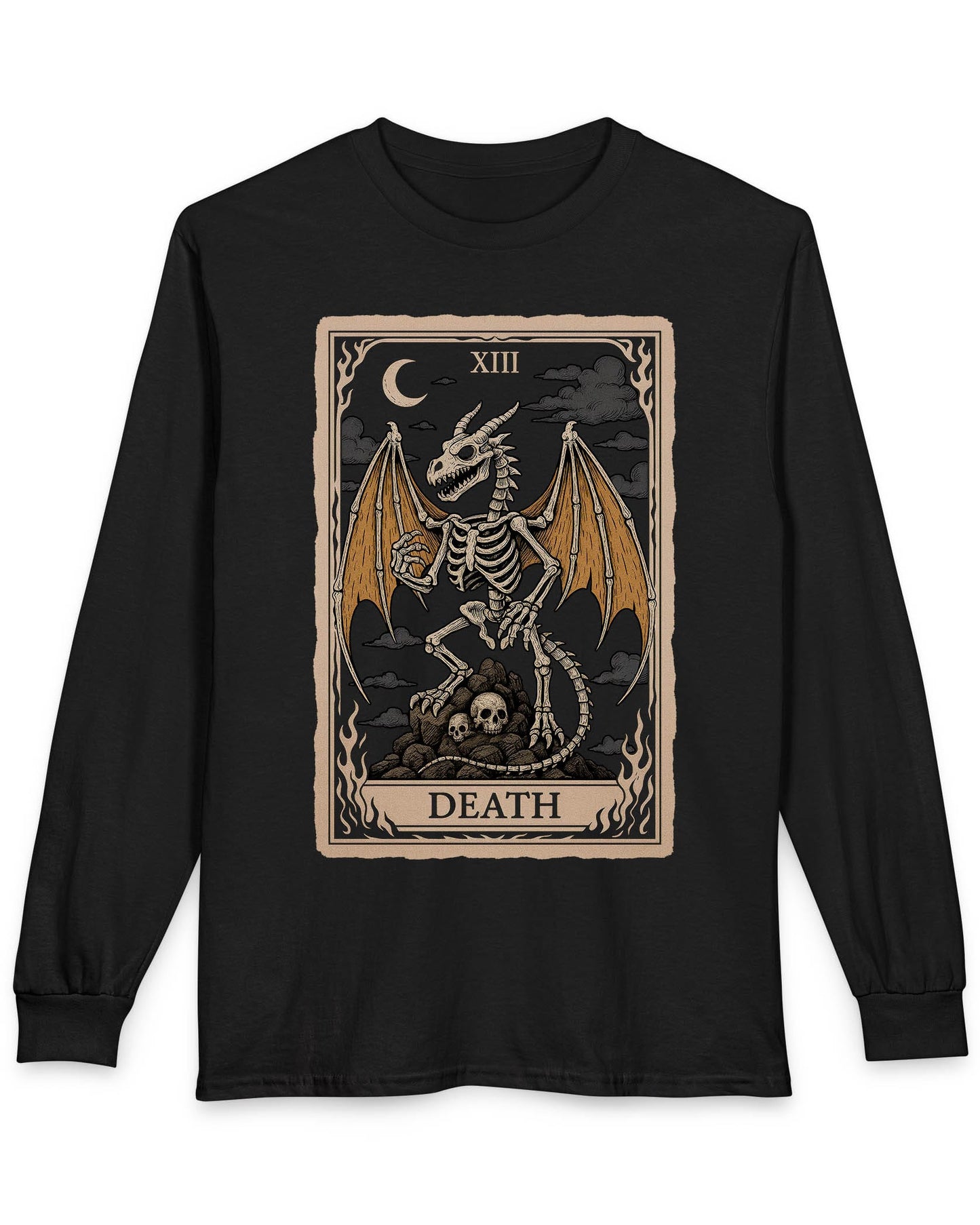 Death Dragon Tarot Card shirt in black featuring a skeletal dragon perched on skulls in a tarot-style frame