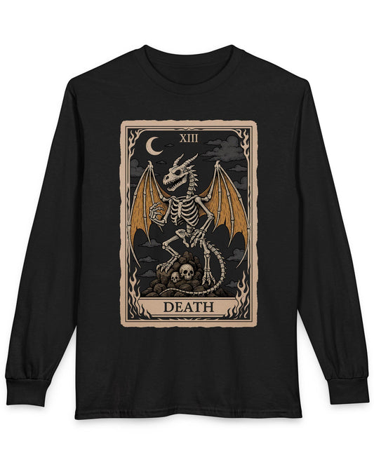 Death Dragon Tarot Card shirt in black featuring a skeletal dragon perched on skulls in a tarot-style frame