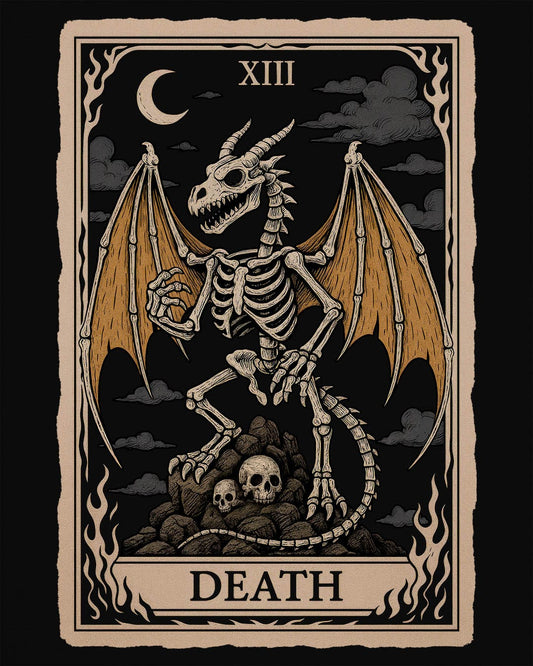 Death Dragon Tarot Card shirt in black featuring a skeletal dragon perched on skulls in a tarot-style frame.
