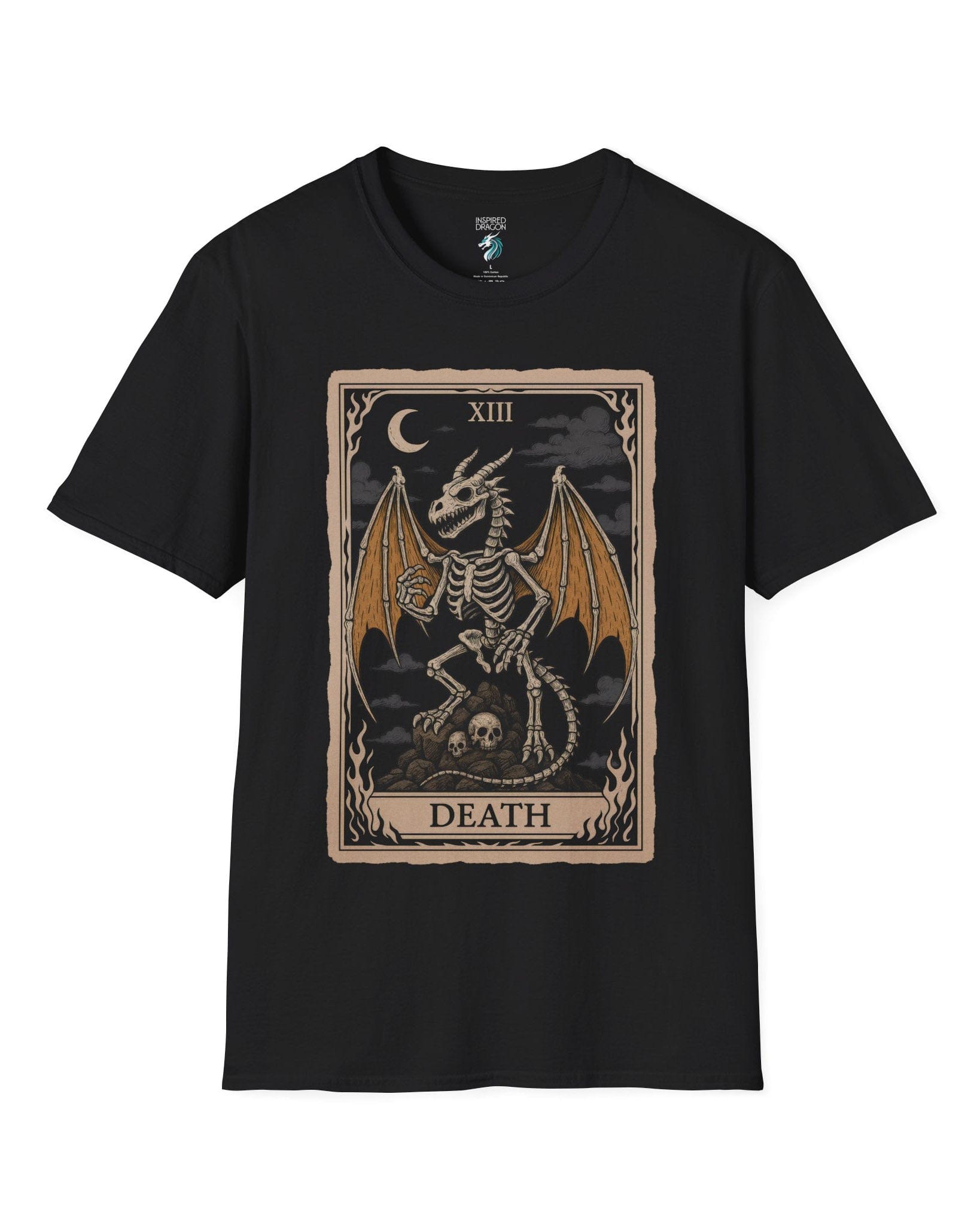 Death Dragon Tarot Card shirt in black featuring a skeletal dragon perched on skulls in a tarot-style frame.
