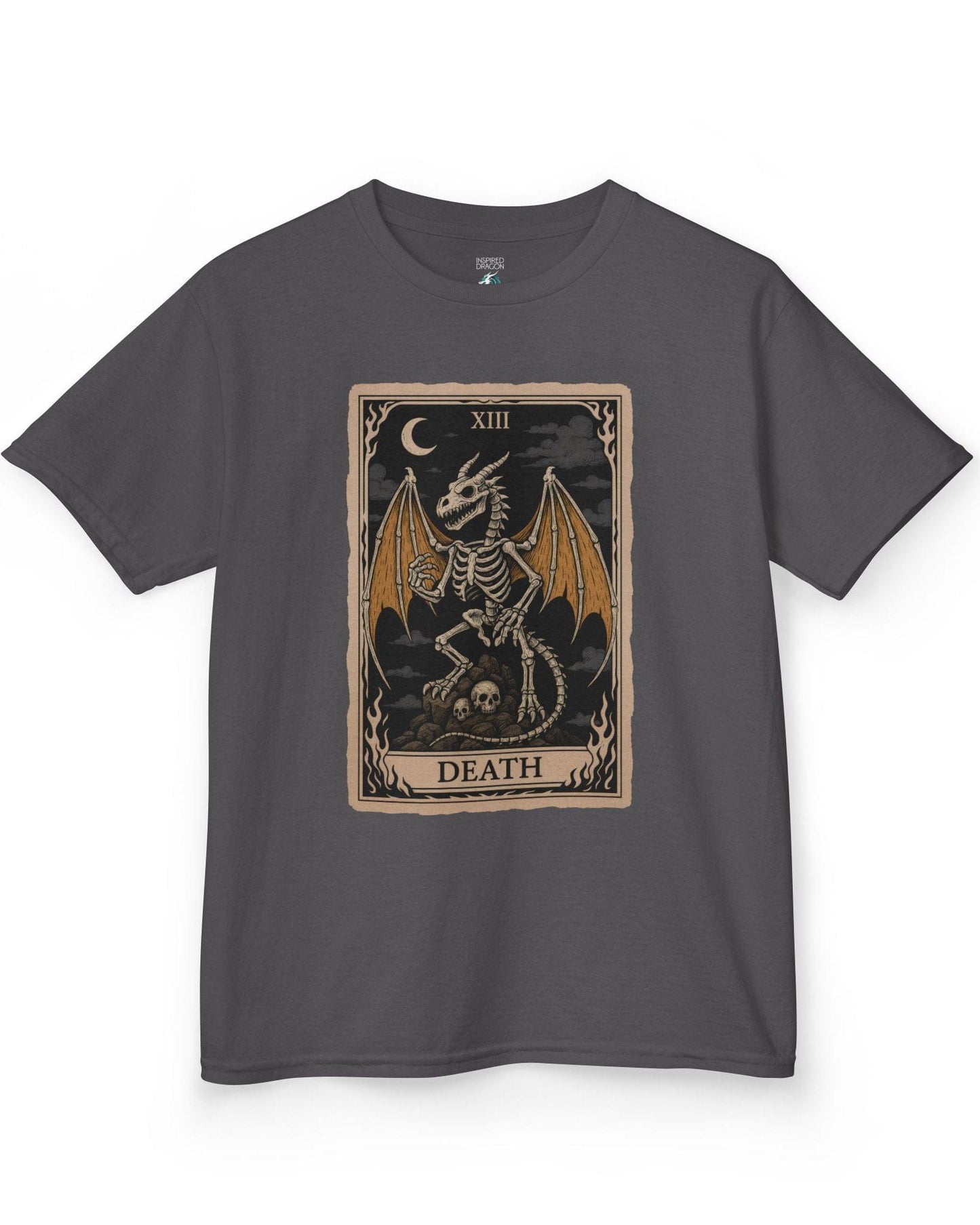 Death Dragon Tarot Card shirt in charcoal featuring a skeletal dragon perched on skulls in a tarot-style frame.