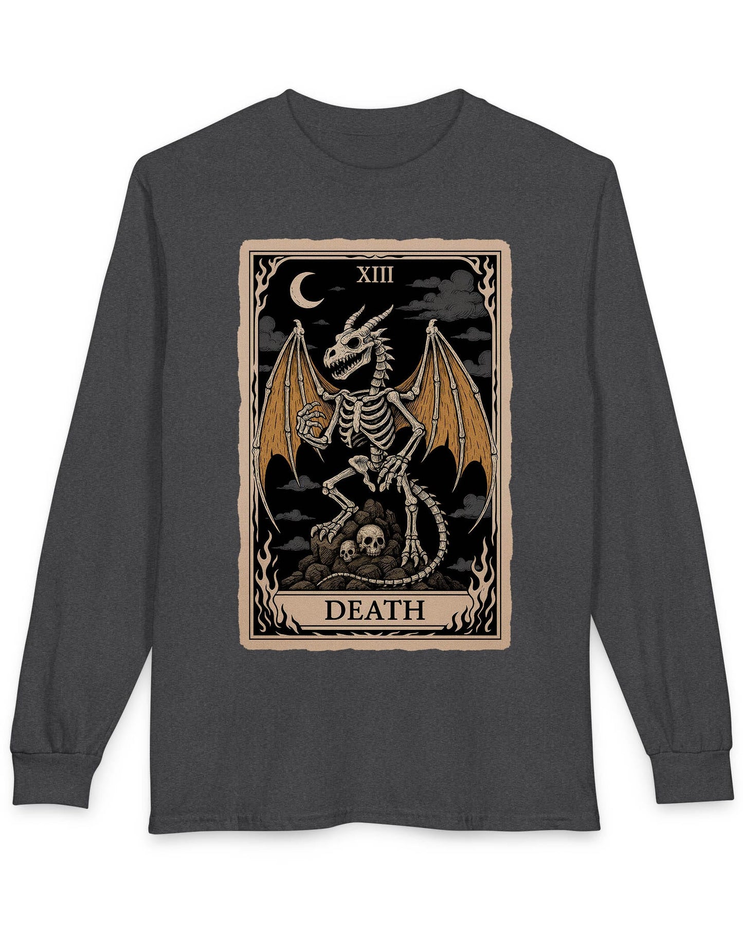 Death Dragon Tarot Card shirt in dark heather featuring a skeletal dragon perched on skulls in a tarot-style frame