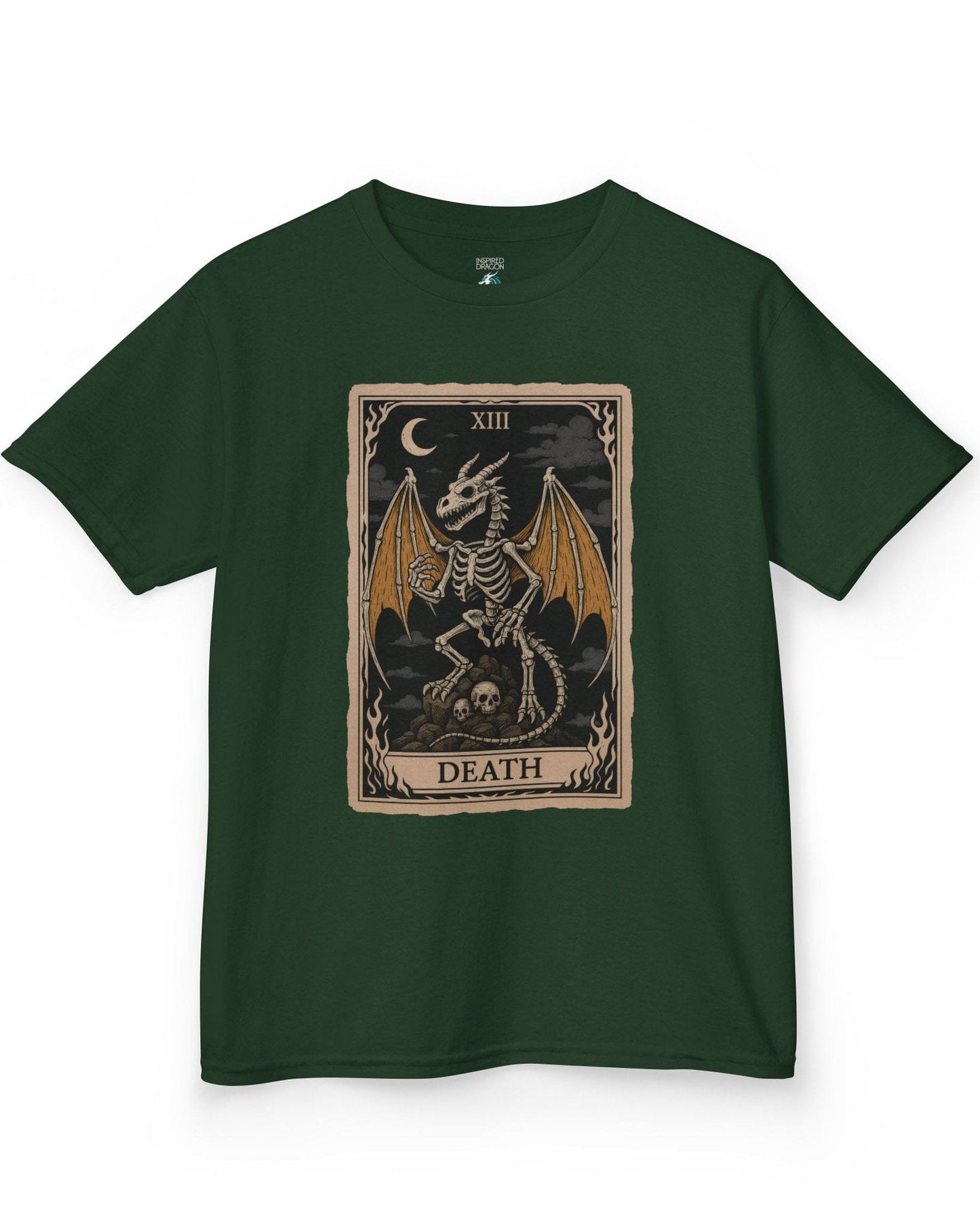 Death Dragon Tarot Card shirt in forest green featuring a skeletal dragon perched on skulls in a tarot-style frame.
