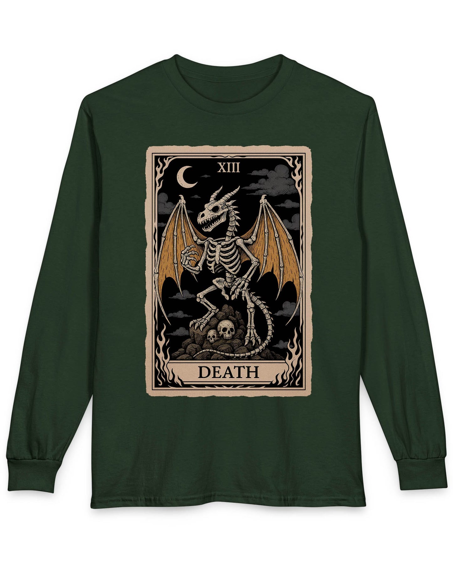 Death Dragon Tarot Card shirt in forest green featuring a skeletal dragon perched on skulls in a tarot-style frame