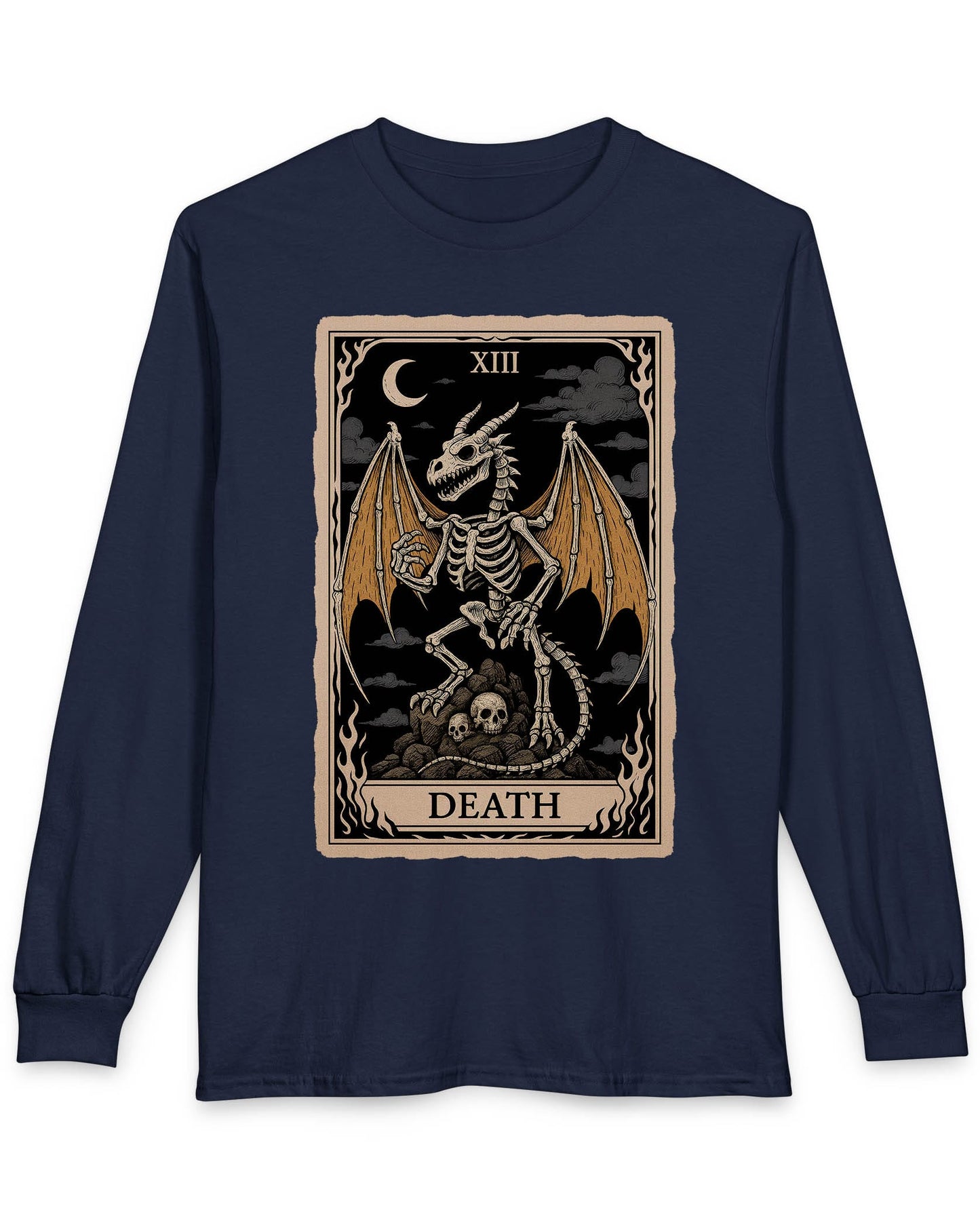 Death Dragon Tarot Card shirt in navy featuring a skeletal dragon perched on skulls in a tarot-style frame
