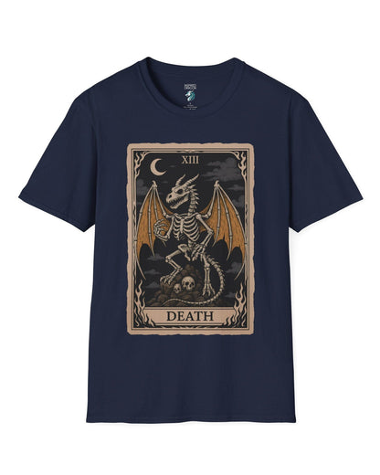 Death Dragon Tarot Card shirt in navy featuring a skeletal dragon perched on skulls in a tarot-style frame.