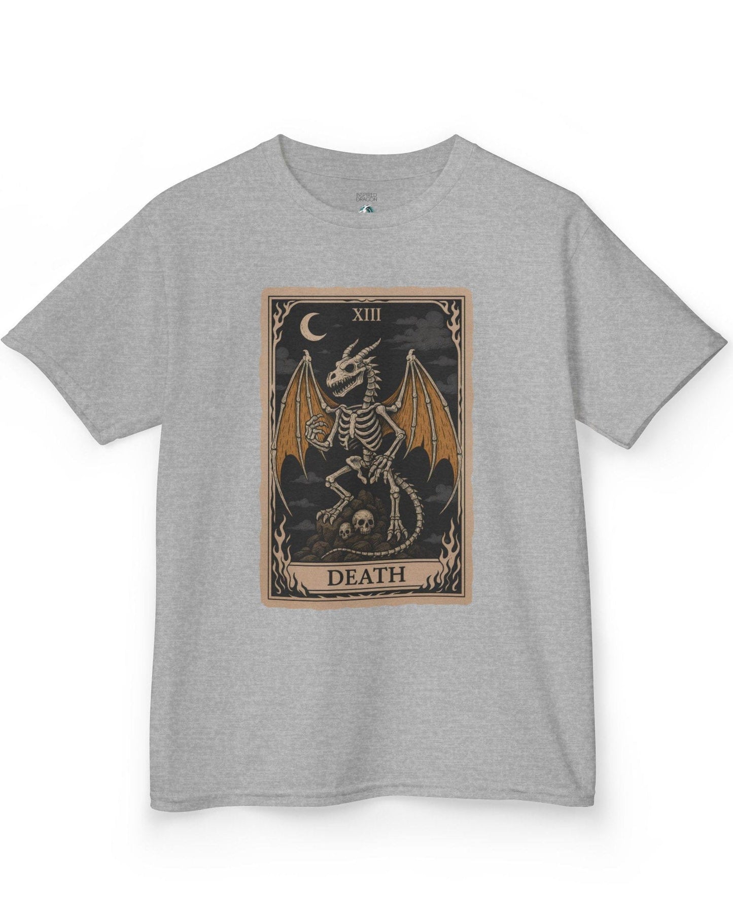 Death Dragon Tarot Card shirt in sport grey featuring a skeletal dragon perched on skulls in a tarot-style frame.