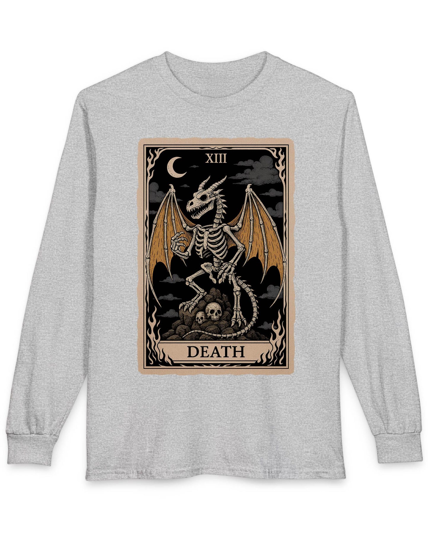 Death Dragon Tarot Card shirt in sport grey featuring a skeletal dragon perched on skulls in a tarot-style frame
