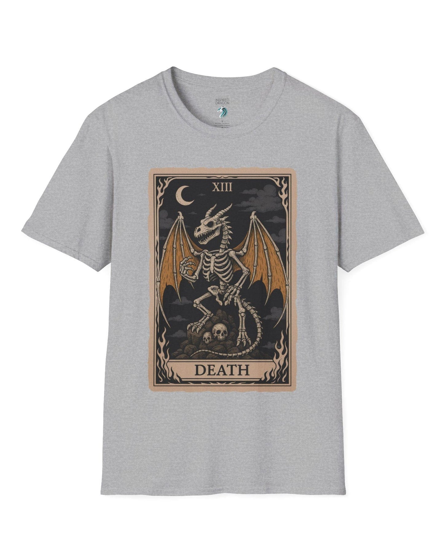 Death Dragon Tarot Card shirt in sport grey featuring a skeletal dragon perched on skulls in a tarot-style frame.