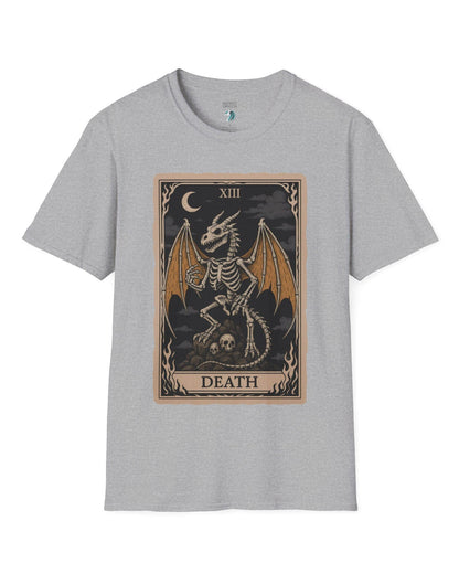 Death Dragon Tarot Card shirt in sport grey featuring a skeletal dragon perched on skulls in a tarot-style frame.