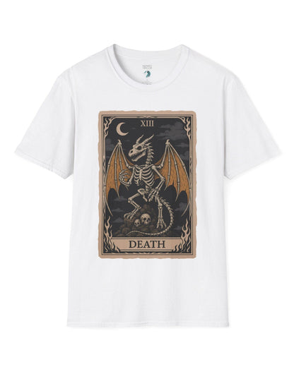Death Dragon Tarot Card shirt in white featuring a skeletal dragon perched on skulls in a tarot-style frame.