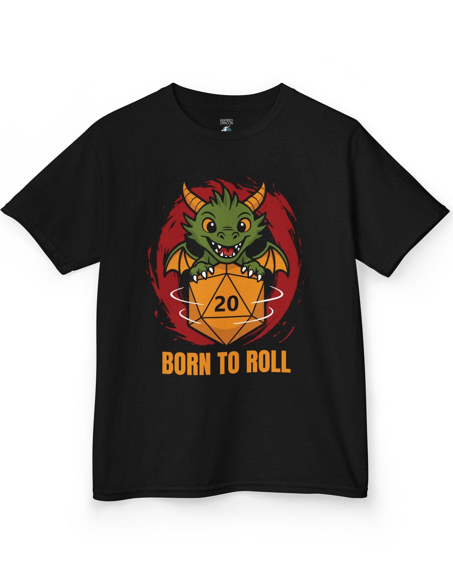 Born to Roll shirt in black, featuring a smiling green dragon hugging a spinning orange d20 die.