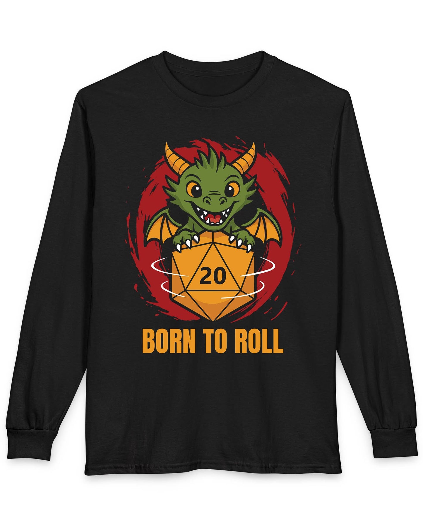 Born to Roll shirt in black featuring a smiling green dragon hugging a spinning orange d20 die