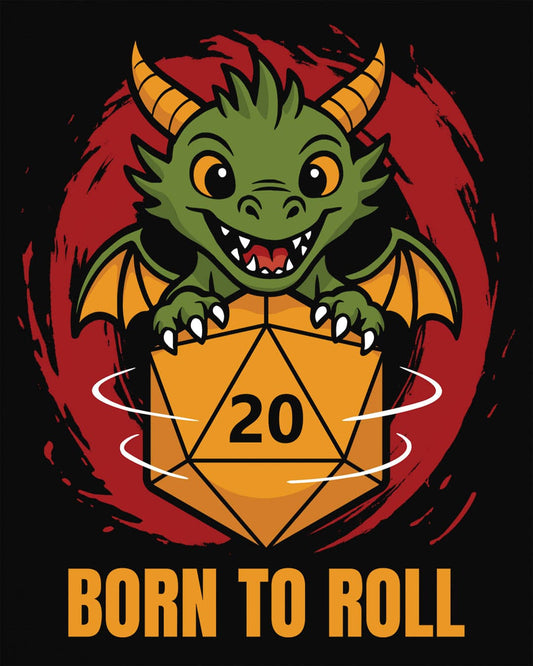 Born to Roll shirt in black, featuring a smiling green dragon hugging a spinning orange d20 die.