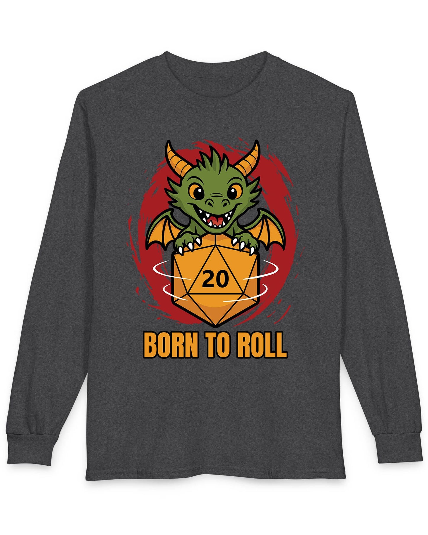Born to Roll shirt in dark heather featuring a smiling green dragon hugging a spinning orange d20 die