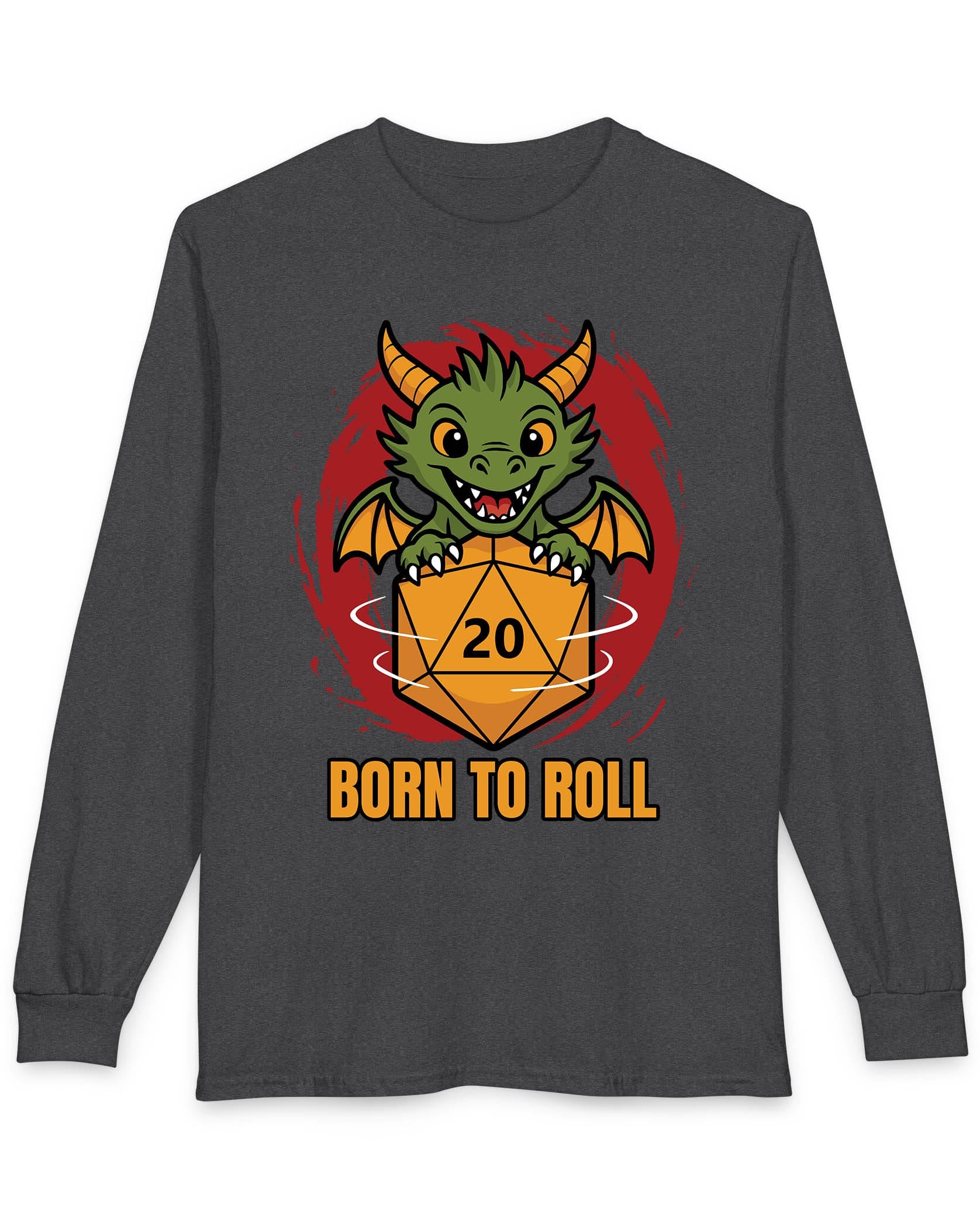 Born to Roll shirt in dark heather featuring a smiling green dragon hugging a spinning orange d20 die